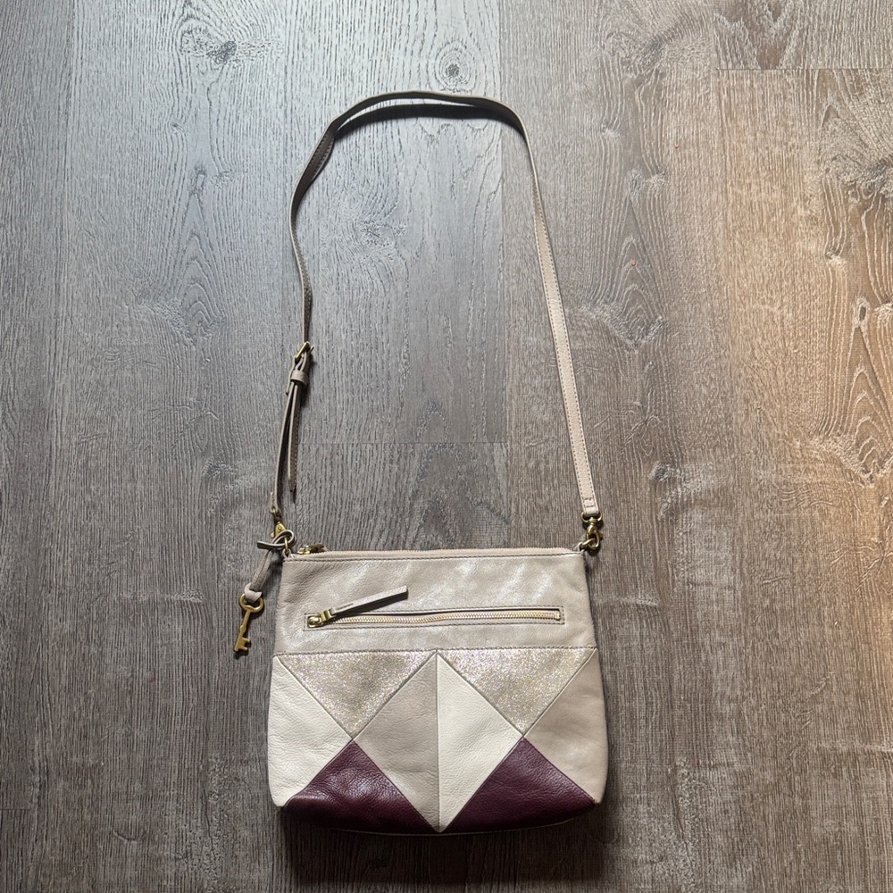 Fossil Cream and Plum Leather Geometric Crossbody Bag